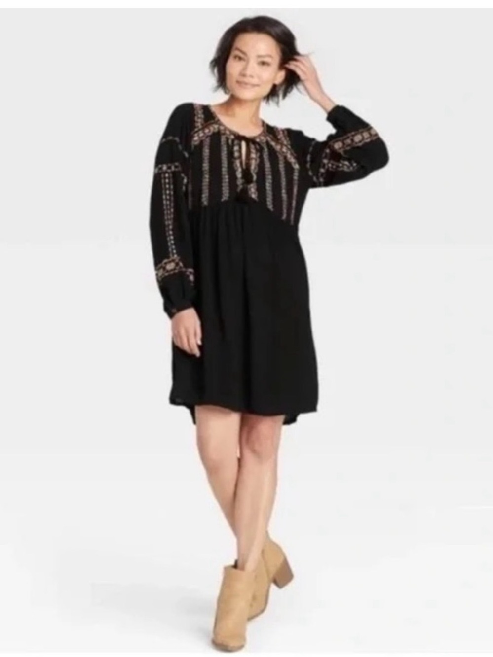 Knox Rose Black Embroidered Long-Sleeve Mini Dress